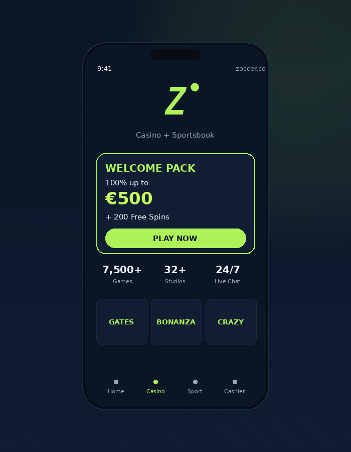Zoccer Casino na mobilu - 100% až do 12 500 Kč + 200 free spinů uvítací nabídka